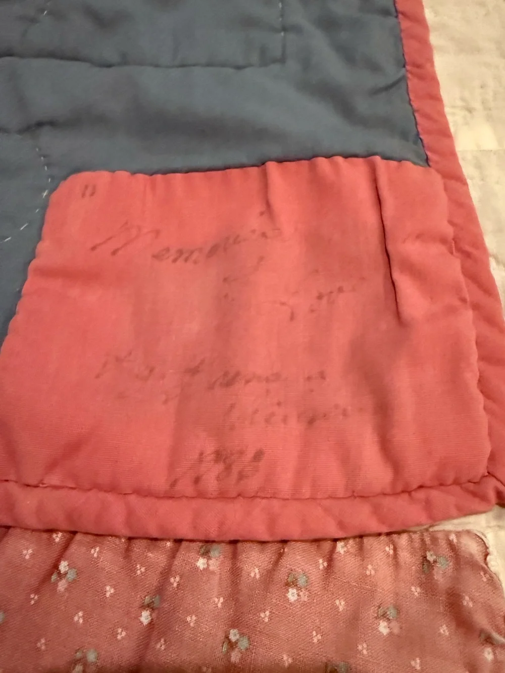 Vintage-Pink Fan Grandma Handstitched Patchwork Quilt - Signed & dated 1980